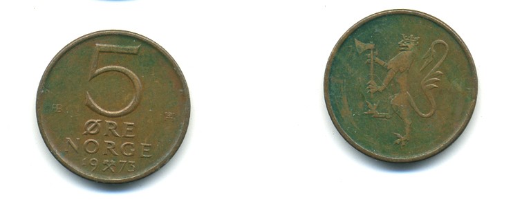 Норвегия 5 эре 1973 Улаф V (1958-1991) ​KM 415 бронза 80-546