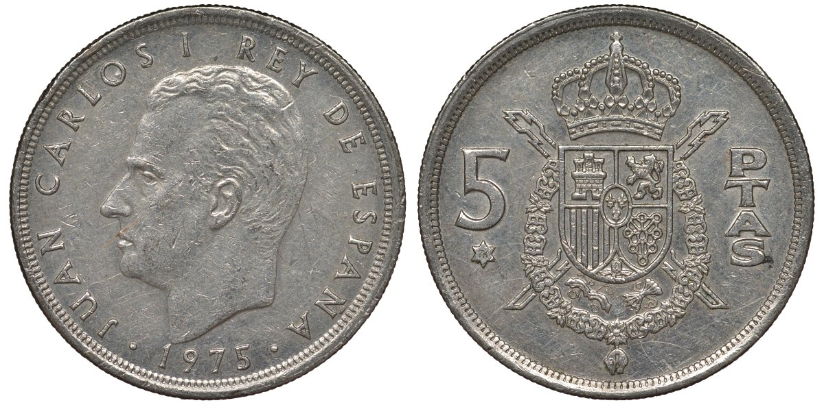 Испания 5 песет 1975 (76) Хуан Карлос I (1975-2001) KM 807 медно-никель 4128-1014