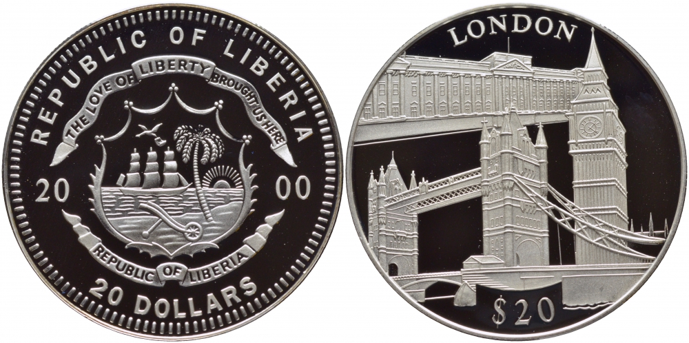 Либерия 20 долларов 2000 серия памятники архитектуры, Лондон KM 639 серебро PROOF 11-145-41