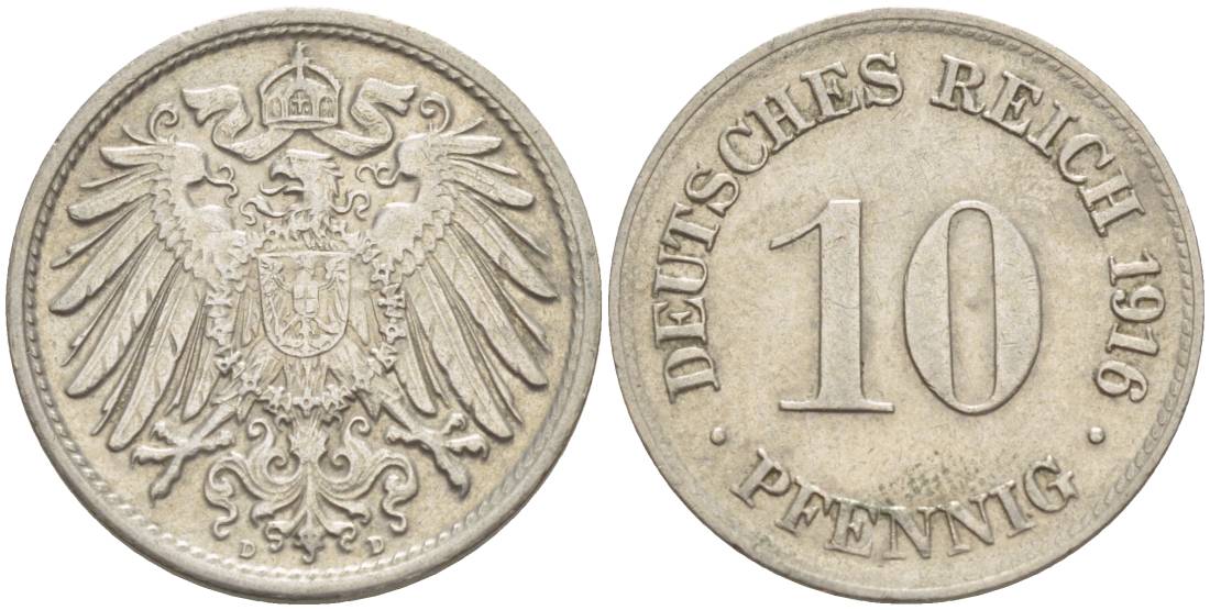Германия 10 пфеннигов 1916 D KM 12, Jager 13, Weege 8 медно-никель 219-255