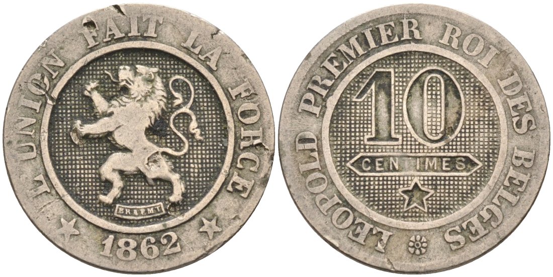 Бельгия 10 сантимов 1862 Belges KM 22 медно-никель 190-723
