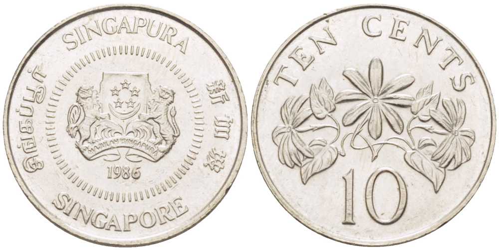 Сингапур 10 центов 1986 KM 51 медно-никель 112-419