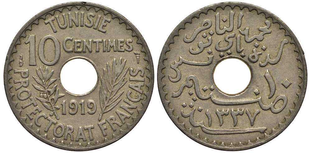 ТУНИС 10 САНТИМОВ 1919 АН1337, MOHAMMAD al-NASIR BEY KM 243 никель бронза 4182-657