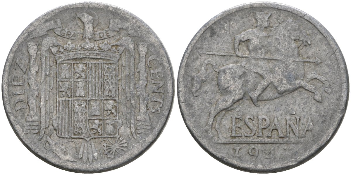 Испания 10 сентимо 1941 Франсиско Франко (1939-1975) KM 766 алюминий 4604-513