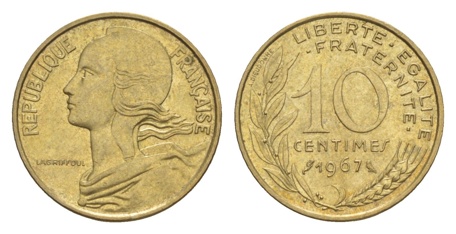 Франция 10 сантимов 1967 KM 929 алюминиевая брона 4647-1152