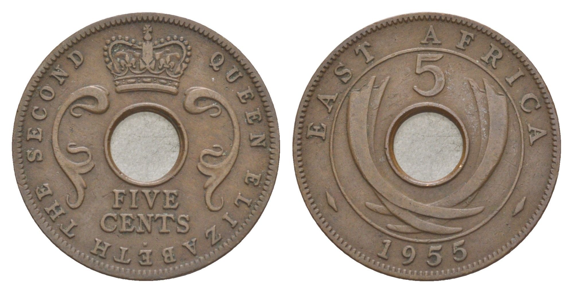 Британская Восточная Африка 5 центов 1955 Елизавета II (1952-2022) KM 37 бронза 4150-641