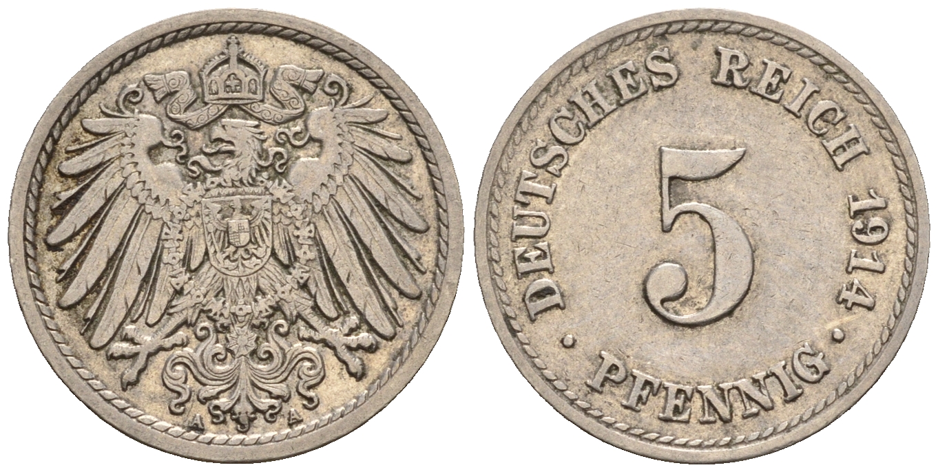Германия 5 пфеннигов 1914 A, KM 11, J. 12 медно-никель 220-732