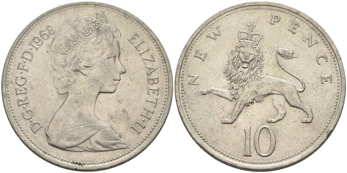 Великобритания 10 пенсов 1968 Елизавета II (1952-2022) KM 912, Spink 4231 (F1) медно-никель 81-1216