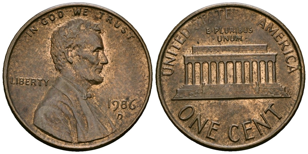 США 1 цент 1986 D, Линкольн KM 201b цинк плакированный медью 4136-312