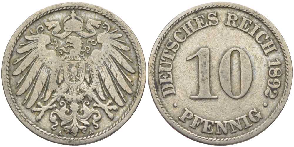 ГЕРМАНИЯ 10 ПФЕННИГОВ 1892 A KM 12, J. 13 медно-никель 4401-932
