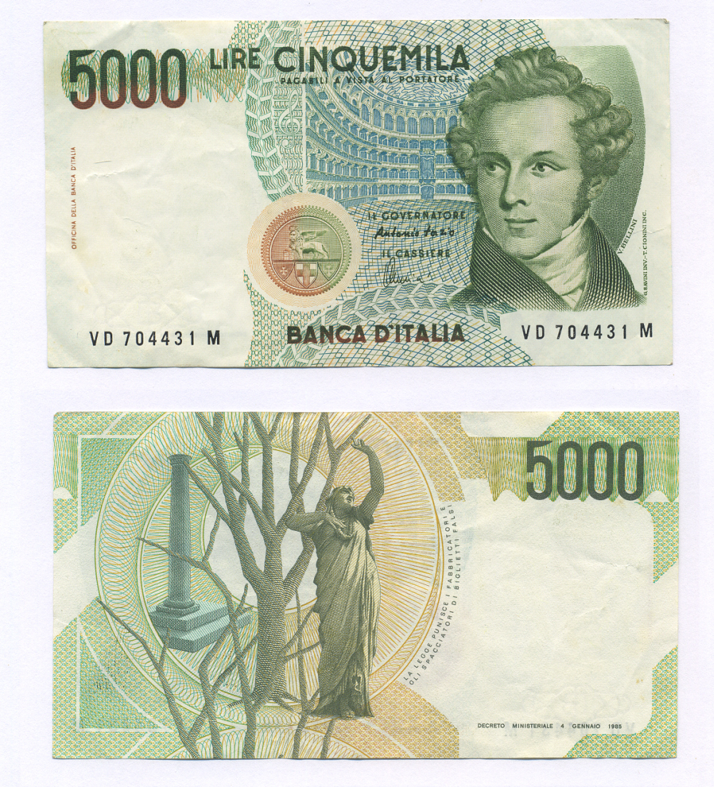 Италия 5000 лир 1985 Колизей, Беллини, подпись Fazio and Amici Pick 111c бумага 7146-27-1-2