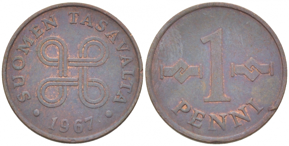 ФИНЛЯНДИЯ 1 ПЕННИ 1967 КМ 44 медь 3309-257
