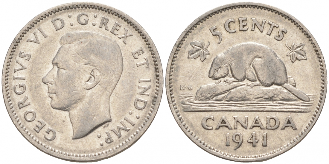 Канада 5 центов 1941 бобр, Георг VI (1937-1952) KM 33 никель 73-1213