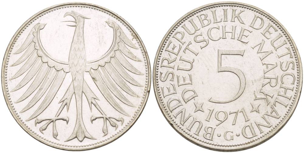 ФРГ 5 марок 1971 G KM 112.1, Jager 387 серебро 4542-1236