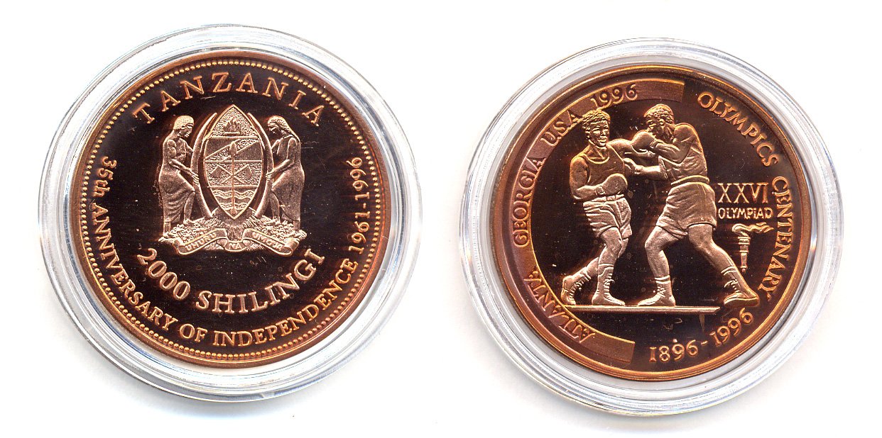 Танзания 2000 шиллингов 1996 XXVI Олимпийские игры 1996 года в Атланте, 100 лет Олимпийскому движению, боксеры, пробник, гладкий гурт медь PROOF 06-157-22