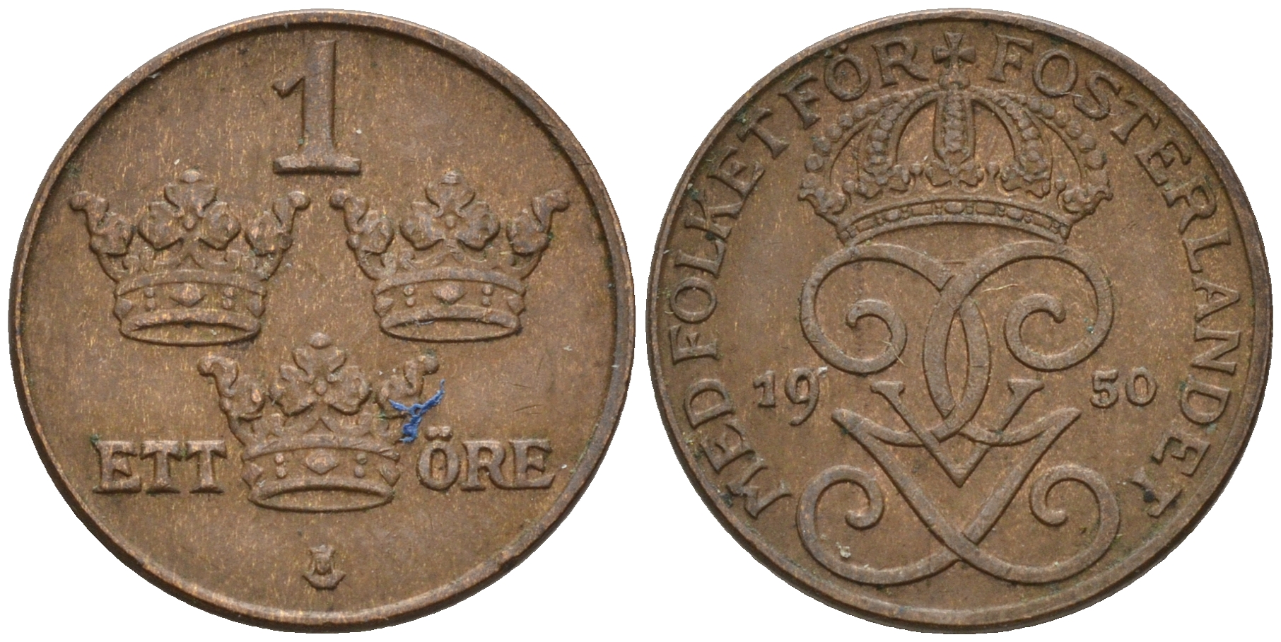 Швеция 1 эре 1950 Густав V (1907-1950) KM 777.2 бронза 4602-614