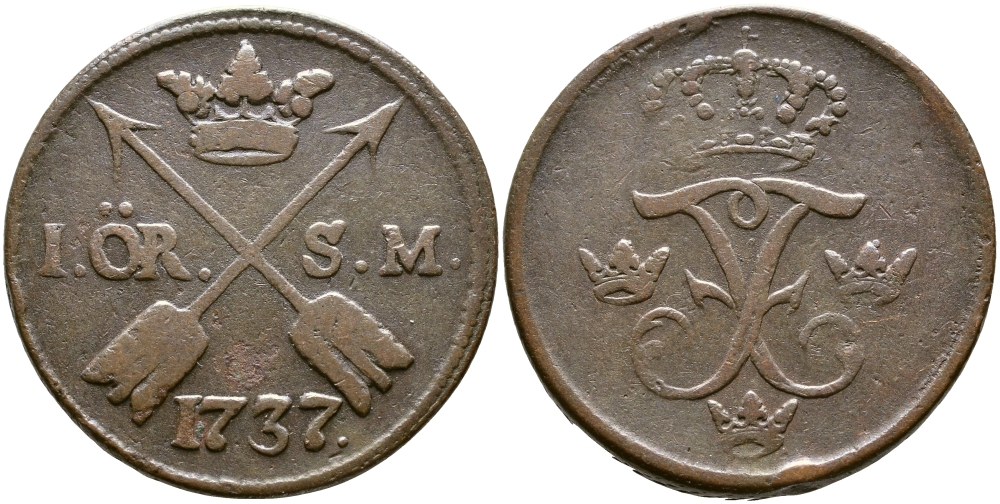 Швеция 1 эре 1737 S.M. Фредерик I (1720-1751) KM 416.1 медь 37-723