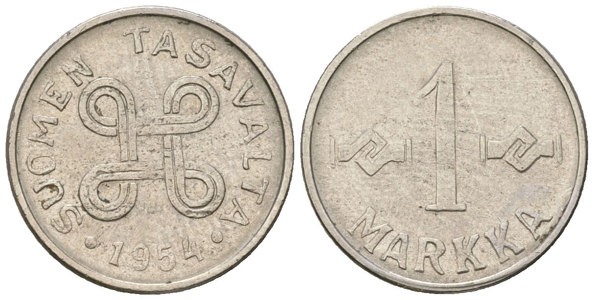 Финляндия 1 марка 1954 KM 36a сталь плакированная железом 4173-1113
