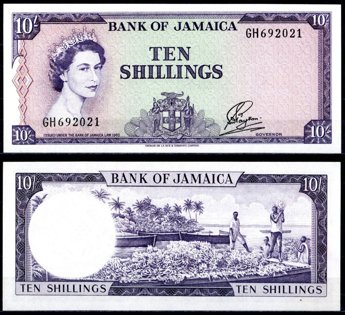 Ямайка 10 шиллингов 1960 (1964) королева Елизавета II (1952-2022), банановая плантация Pick 51 Bb бумага UNC (пресс) 451-372-1