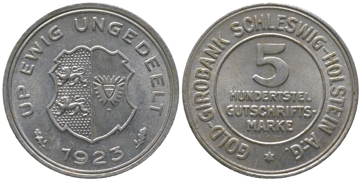 Шлезвиг-Гольштейн (Пруссия) 5?100 марки 1923 Funck 642.1, KM Tn1, Men18 16296.1 алюминий UNC 4610-532