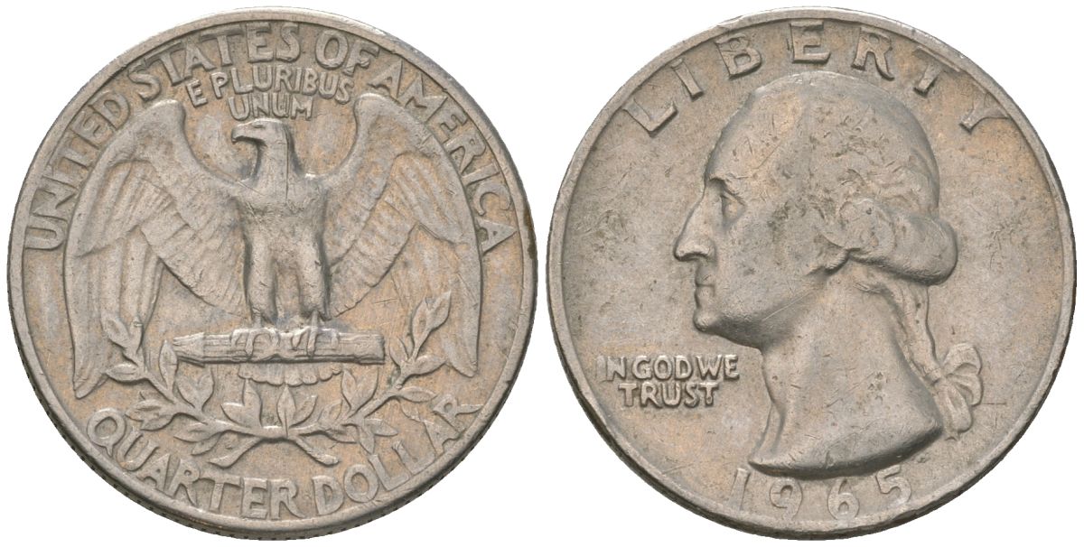 США 25 центов (квотер) 1965 Вашингтон KM 164a медь плакированная медно-никелем 4601-1033