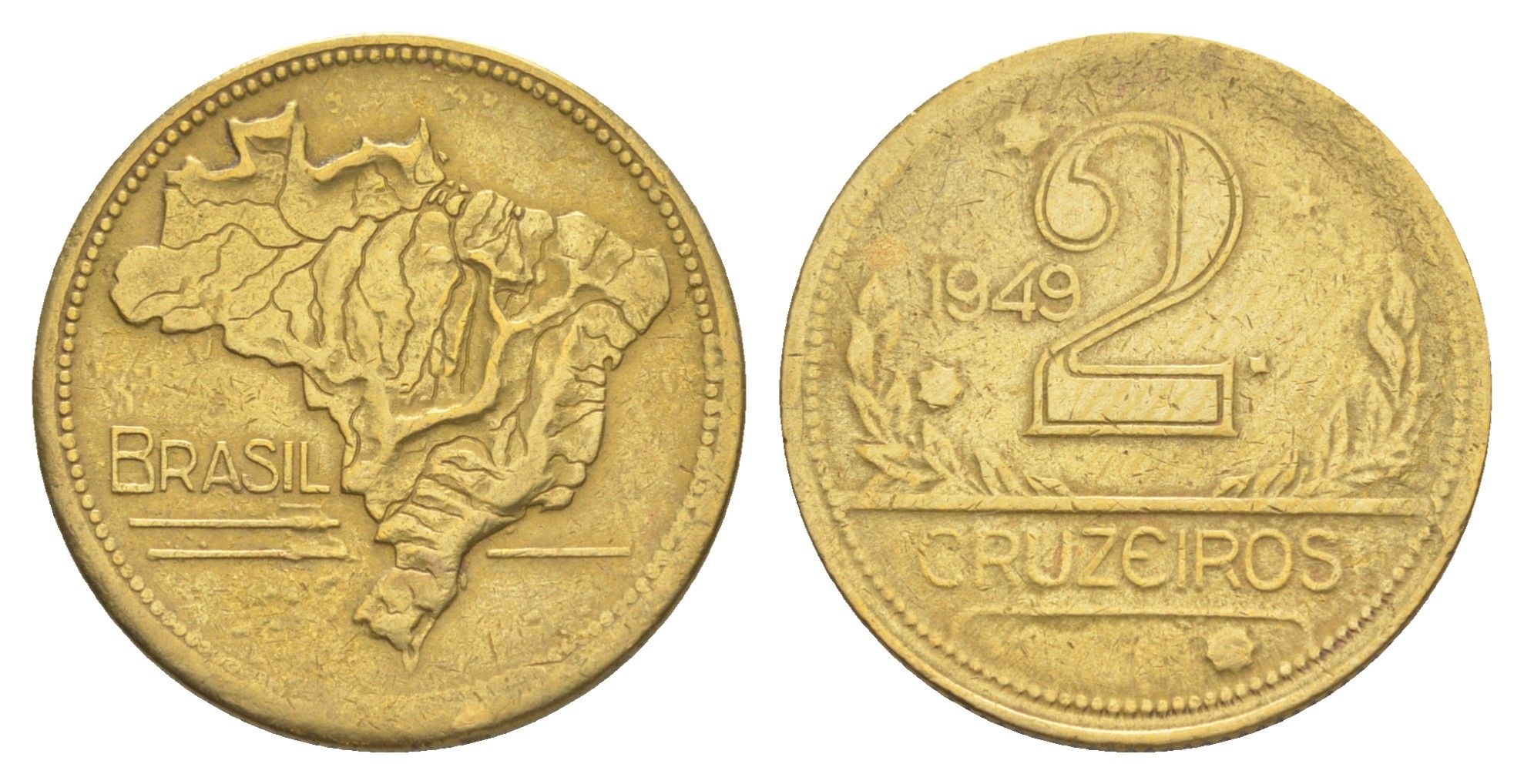 Бразилия 2 крузейро 1949 KM 559 алюминиевая бронза 4642-1217