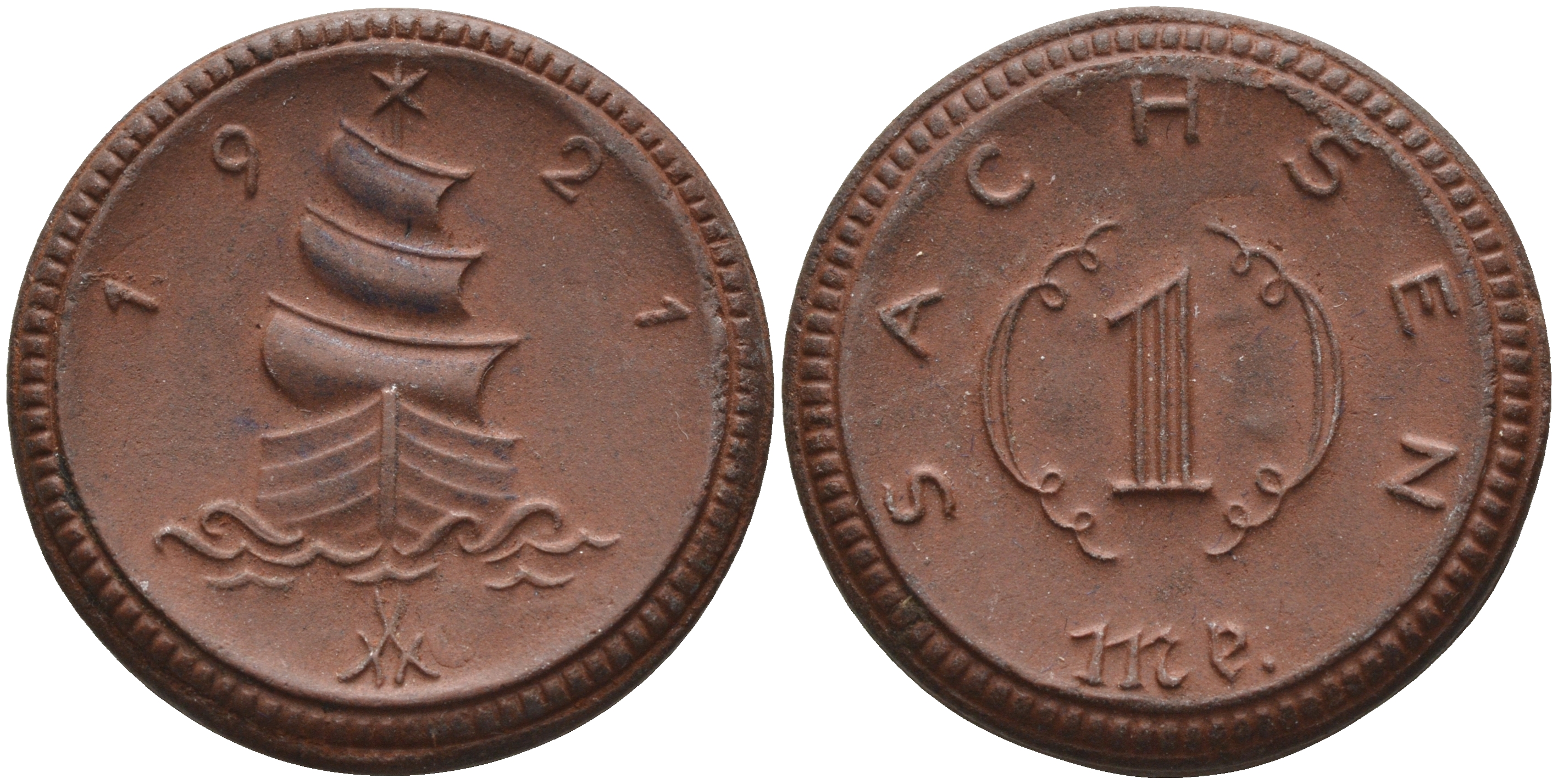 Саксония 1 марка 1921 парусник J. N 55 фарфор 1094-4-75