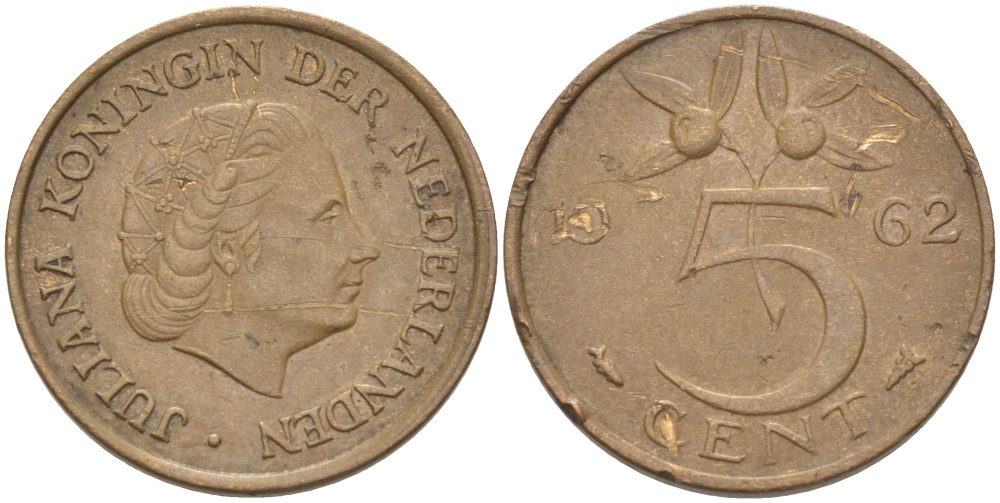 НИДЕРЛАНДЫ 5 ЦЕНТОВ 1962 ЮЛИАНА KM 181 бронза 214-816