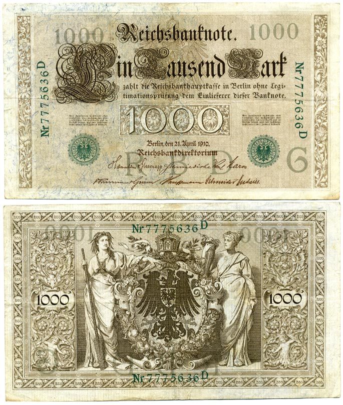 ГЕРМАНИЯ 1000 МАРОК 1910 ЗЕЛЕНАЯ ПЕЧАТЬ, 7 ЦИФР В НОМЕРЕ Pick 45b бумага 2192-75-1