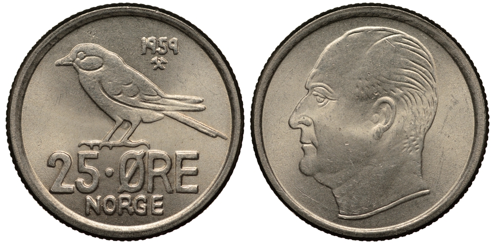 Норвегия 25 эре 1959 Улаф V (1958-1991), синица KM 407 медно-никель 100-1162