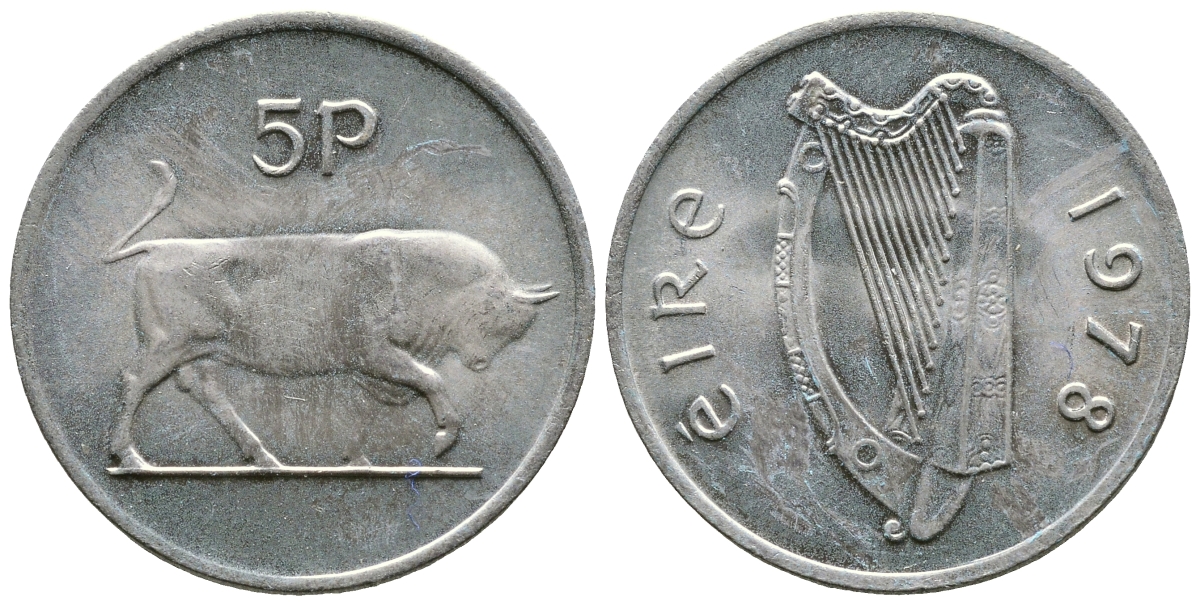 ИРЛАНДИЯ 5 ПЕНСОВ 1978 БЫК KM 22 медно-никель 89-335