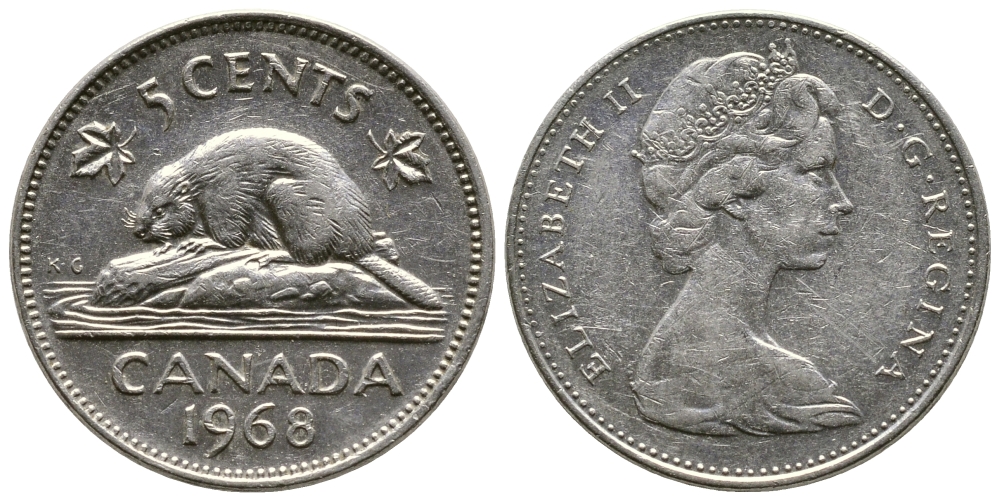 КАНАДА 5 ЦЕНТОВ 1968 БОБЕР KM 60.1 никель 84-1522