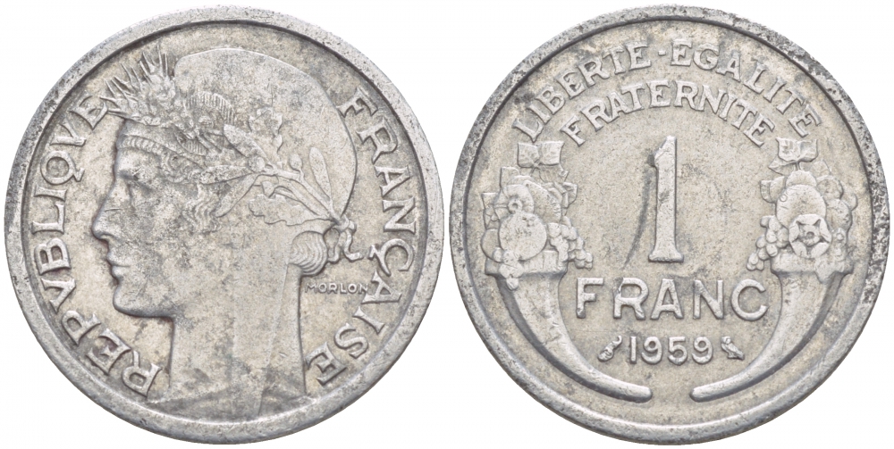 ФРАНЦИЯ 1 ФРАНК 1959 ТИП MORLON, LEGERE KM 885a.1, LE FRANC 221.23 алюминий 4546-1231