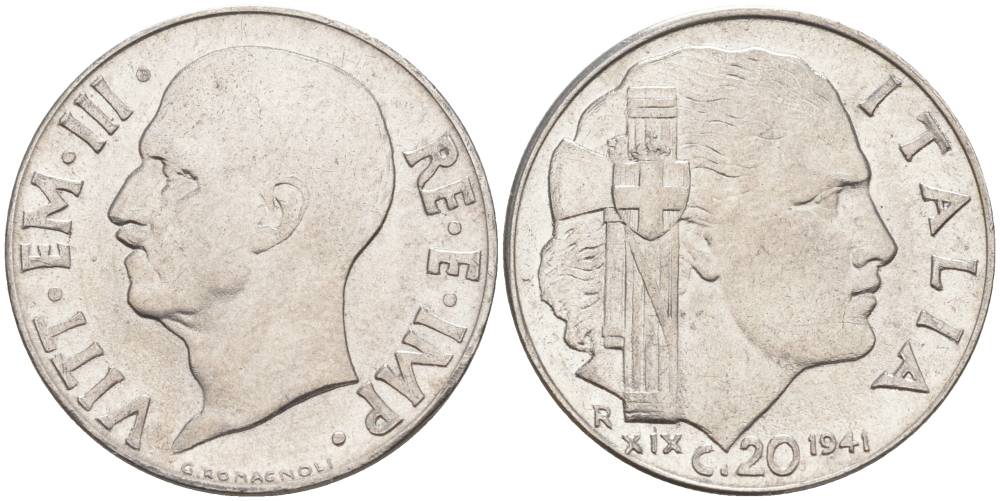 ИТАЛИЯ 20 ЧЕНТЕЗИМО 1941 R, ГОД XIX, ВИКТОР ЭММАНУИЛ III (1900-1946) KM 75b, VEM3. 1028 нержавеющая сталь 3853-634