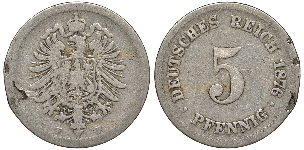 Германия 5 пфеннигов 1876 F, старогербовка KM 3, J. 3 медно-никель 51-3244