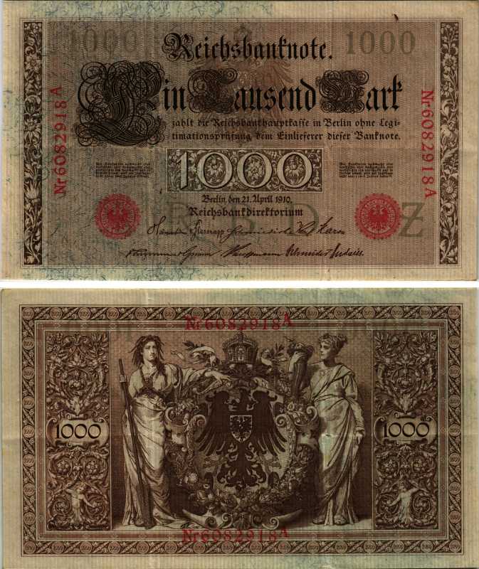 ГЕРМАНИЯ 1000 МАРОК 1910 21 АПРЕЛЯ 1910, СЕМЬ ЦИФР В НОМЕРЕ, КРАСНАЯ ПЕЧАТЬ Pick 44b бумага 6318-19-1