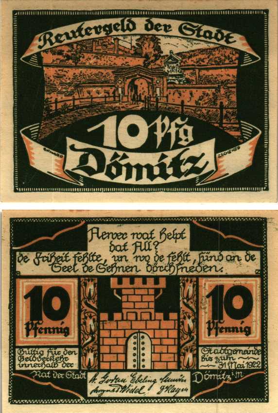 ДОМИЦ 10 ПФЕННИГОВ 1922 НОТГЕЛЬД, 1922 - 31 МАЯ 1922, ЗЕМЛЯ МЕКЛЕНБУРГ-ПЕРЕДНЯЯ ПОМЕРАНИЯ Grabowski 278.2 бумага 6318-48-1-1