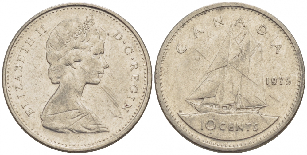 Канада 10 центов 1975 Елизавета II (1952-2022), парусник KM 77.1 никель 4532-446