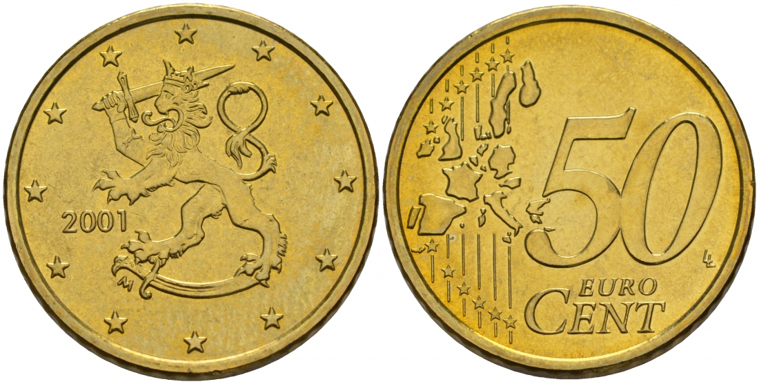 Финляндия 50 евроцентов 2001 из ролла KM 103 нордик UNC M4-14