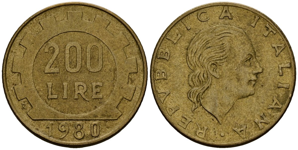 Италия 200 лир 1980 KM 105 алюминиевая бронза 4176-311
