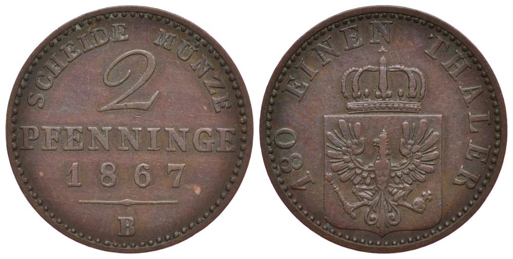 ПРУССИЯ 2 ПФЕННИГА 1867 B, ВИЛЬГЕЛЬМ I (1861-1888) KM 481 медь 186-616