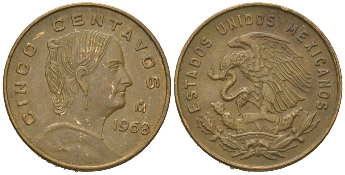 Мексика 5 сентаво 1968 Мо, Жозефа Ортис де Домингес KM 426 латунь 4618-747