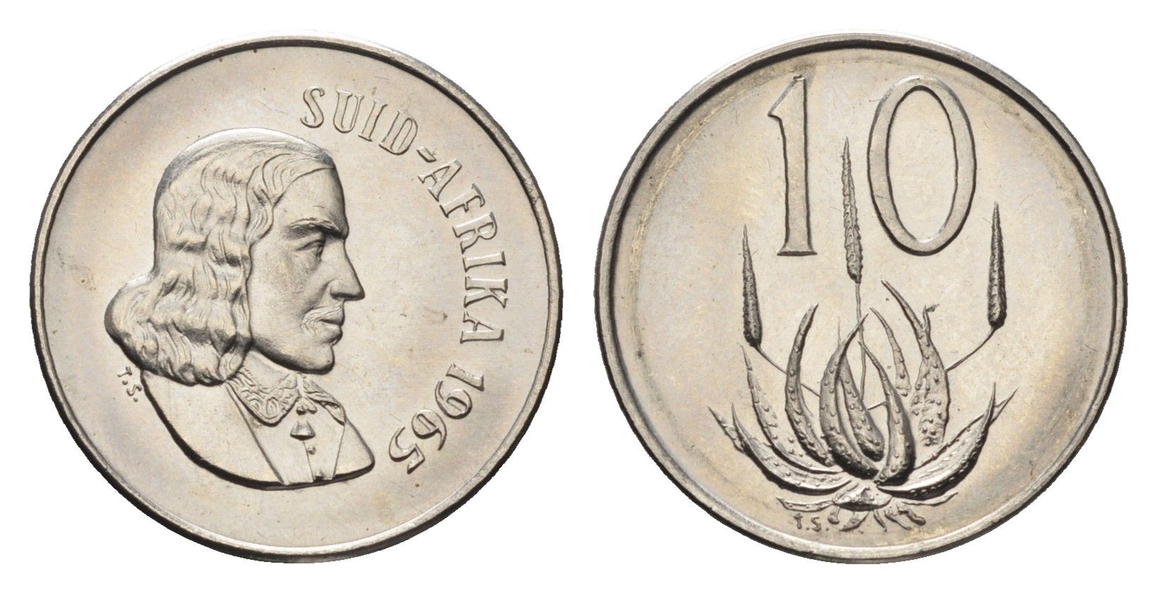ЮАР 10 центов 1965 Ян ван Рибек (1619-1677), Suid Africa, легенда на африкаанс, цветок алоэ KM 68.2 никель UNC 4690-947