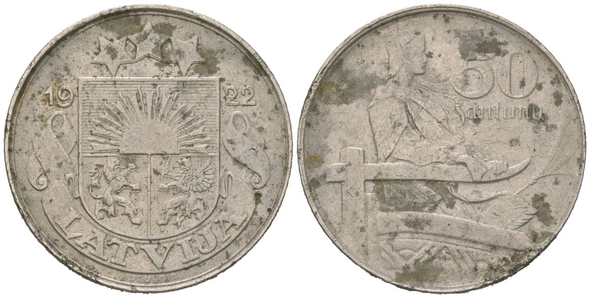 Латвия 50 сантимов 1922 первая Республика (1918-1939) KM 6 никель 92-212