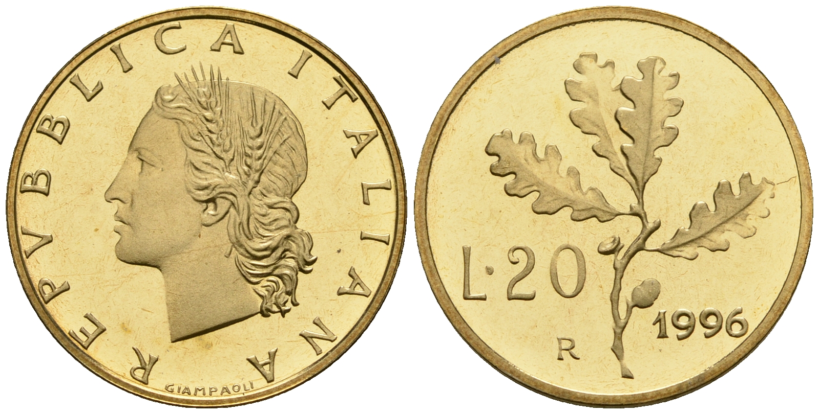 Италия 20 лир 1996 R KM 97 алюминиевая бронза PROOF 1099-3-72