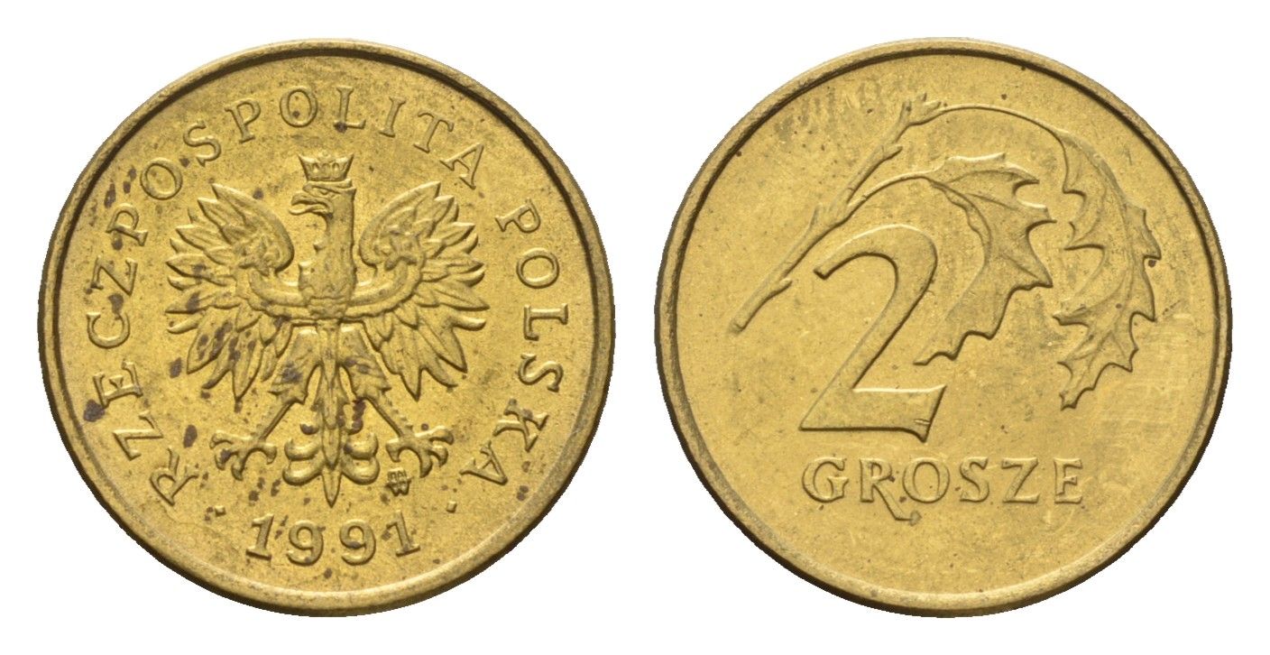 Польша 2 гроша 1991 Y 277 марганец латунь UNC 4674-939