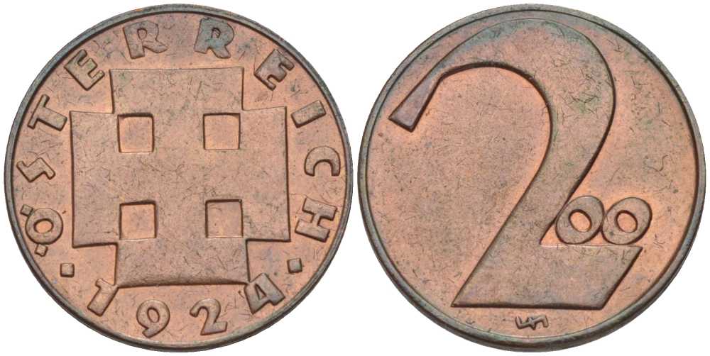 Австрия 200 крон 1924 Республика, денежная реформа KM 2833 бронза  201-166