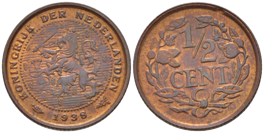 НИДЕРЛАНДЫ 1/2 ЦЕНТА 1938 ВИЛЬГЕЛЬМИНА (1890-1948) KM 138 бронза 39-233