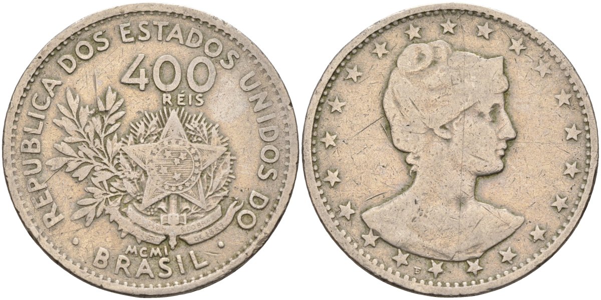 Бразилия 400 рейс 1901 голова свободы вправо KM 505 медно-никель 4367-232