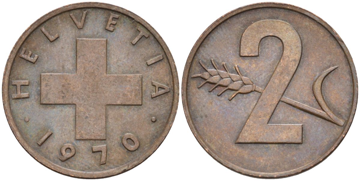 Швейцария 2 раппена 1970 KM 47 бронза 4592-635